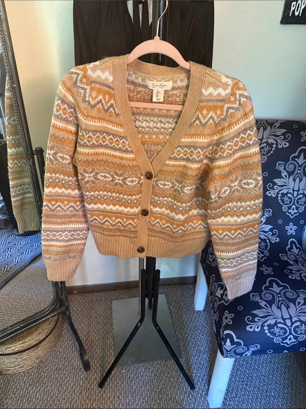 Jessica Simpson Tan and Mustard Fair Isle V-Neck Cardigan